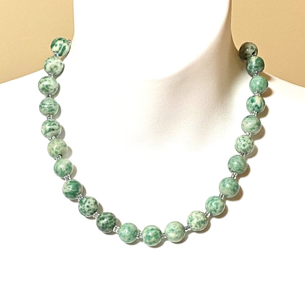 Green White Dyed Agate Necklace, Large Matte Gemstone Beaded Necklace 18"